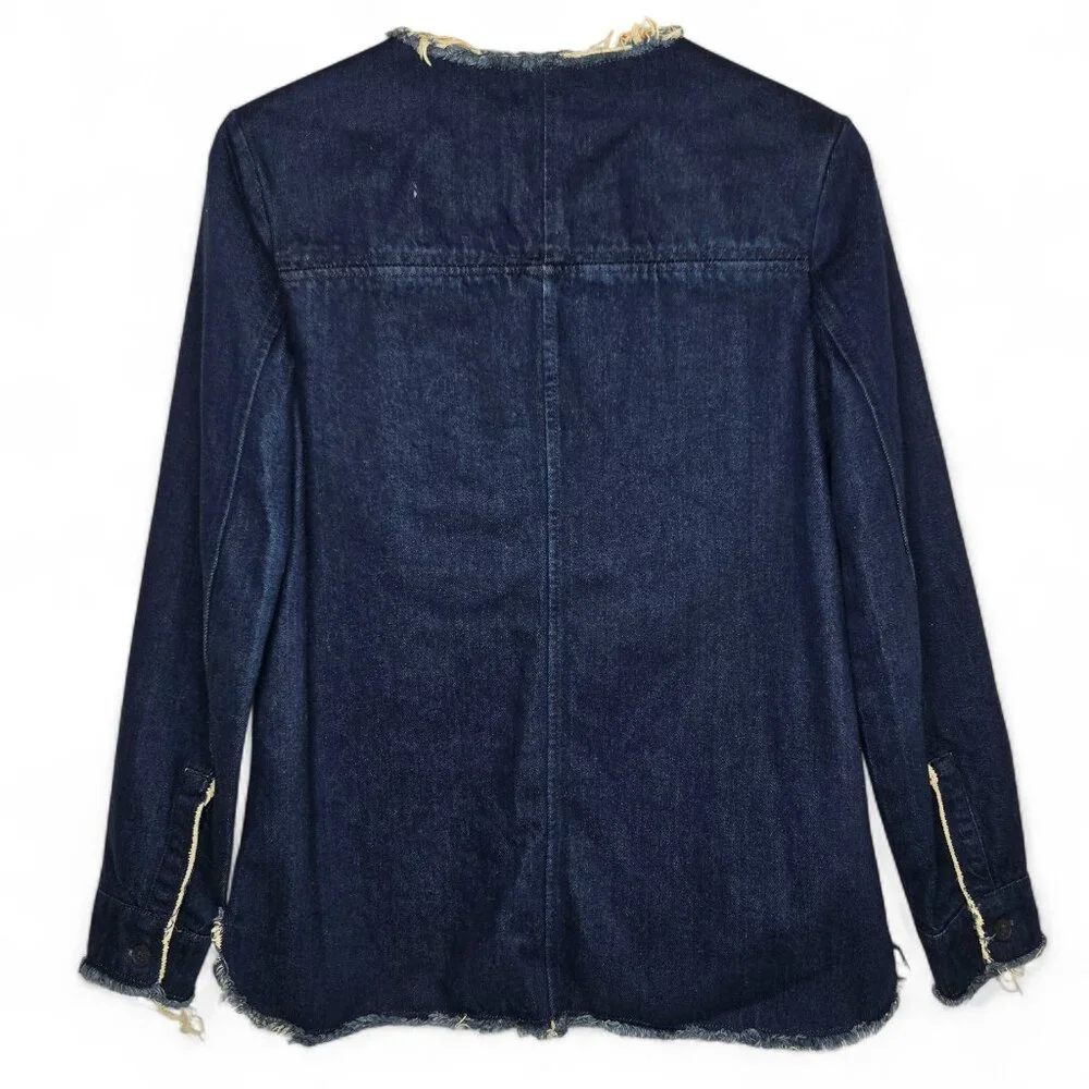 Zara Trafaluc Denim Cargo Jean Jacket Women's Raw Chunky Frayed Hem Buttons XS
